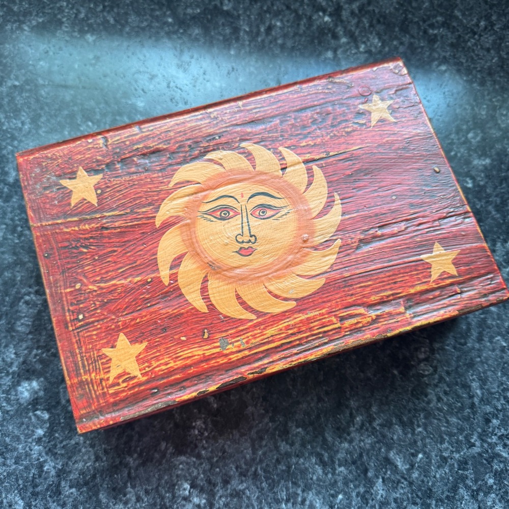 Vintage Hand Painted Wooden Book Box Celestial Sun Stars Red Bohemian Stash Box